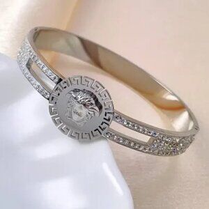 Silver Tone Stainless Steel Medusa Face Bangle with Zircon Stones. Ultra Sparkly